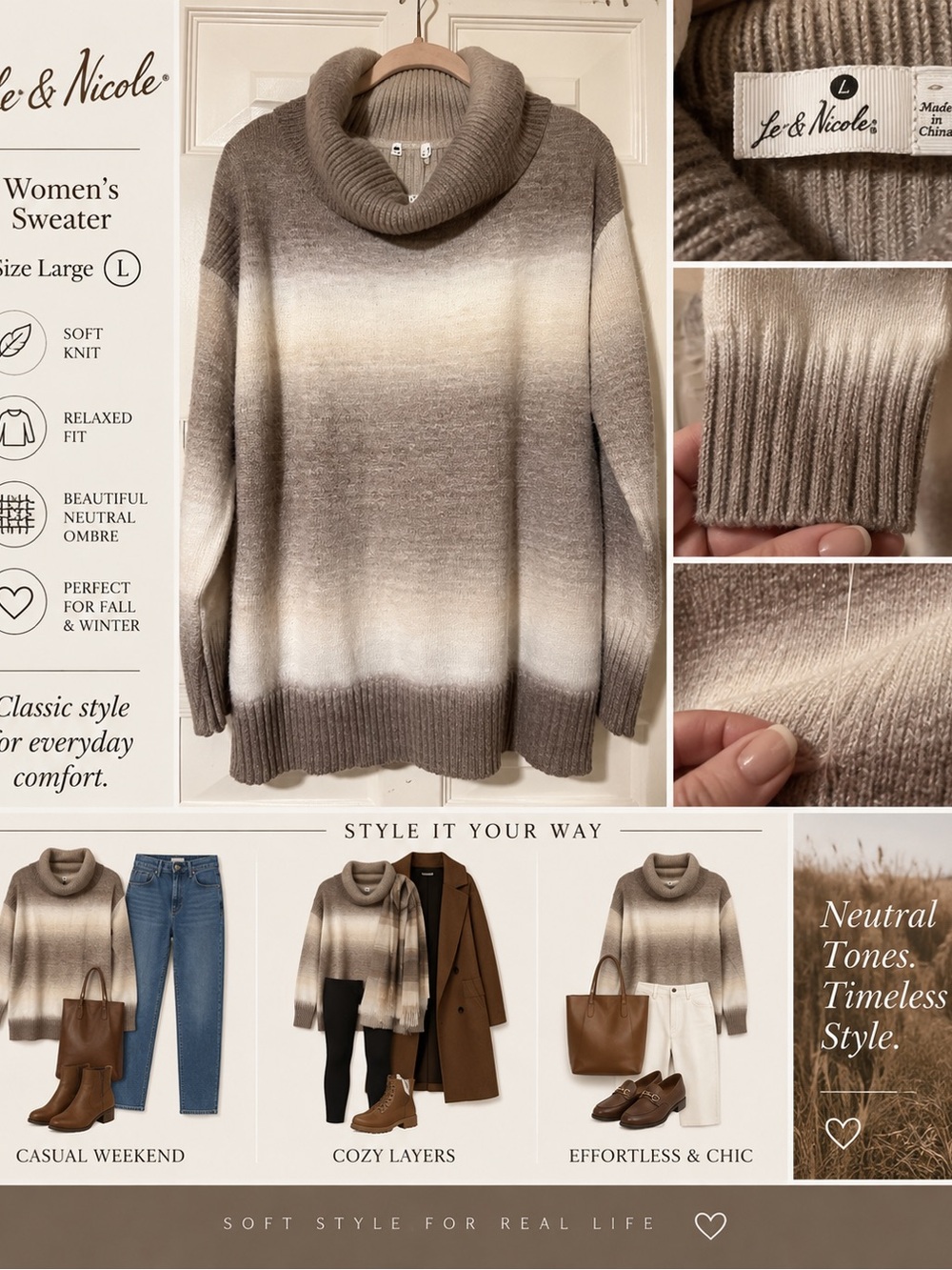 Leo & Nicole Taupe Cream Ombre Cowl Neck Sweater